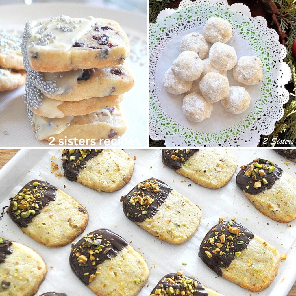 A plie of shortbread cookies with white chocolate, white snow balls cookies, and chocolate dipped pistachio shortbread cookies.