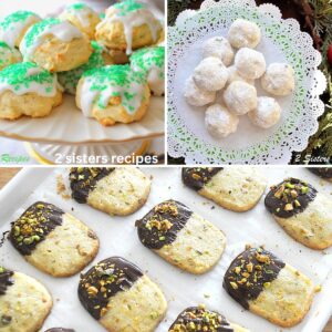 A platter filled with cookies topped with icing and green sparkles, and snow ball cookies, and a baking sheet filled with shortbread cookies dipped in chocolate.