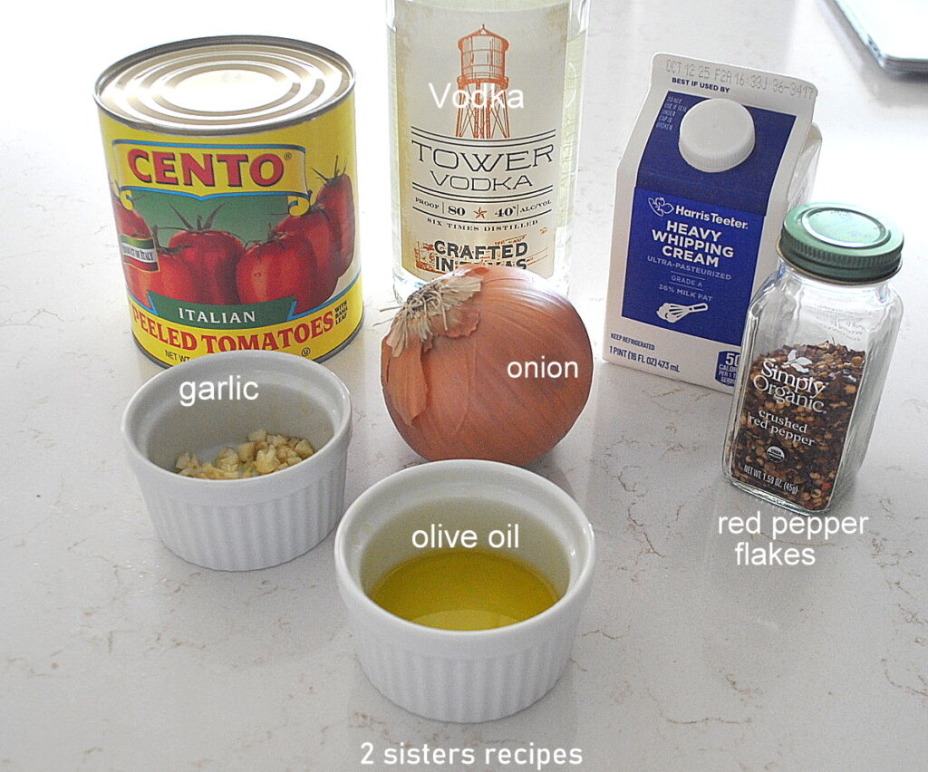 The seven ingredients on placed on the counter.