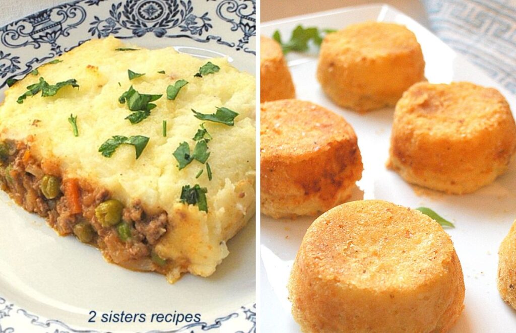 A plate with a serving of shepherd's pie and mashed potato cakes.