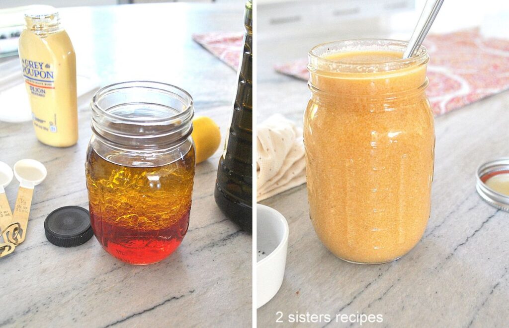 A mason jar on the counter with olive oil and vinegar, and the jar with shaken dressing.