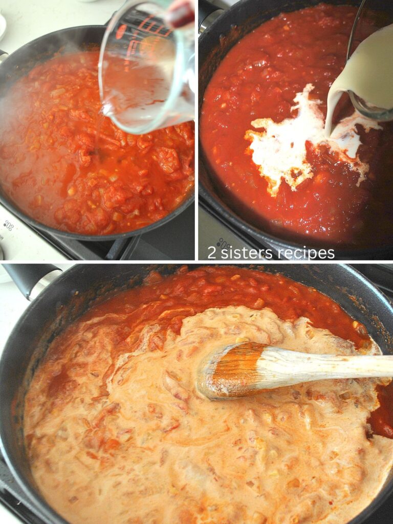 A black skillet with Vodka poured into the tomatoes, them cream and stirring it to combine.