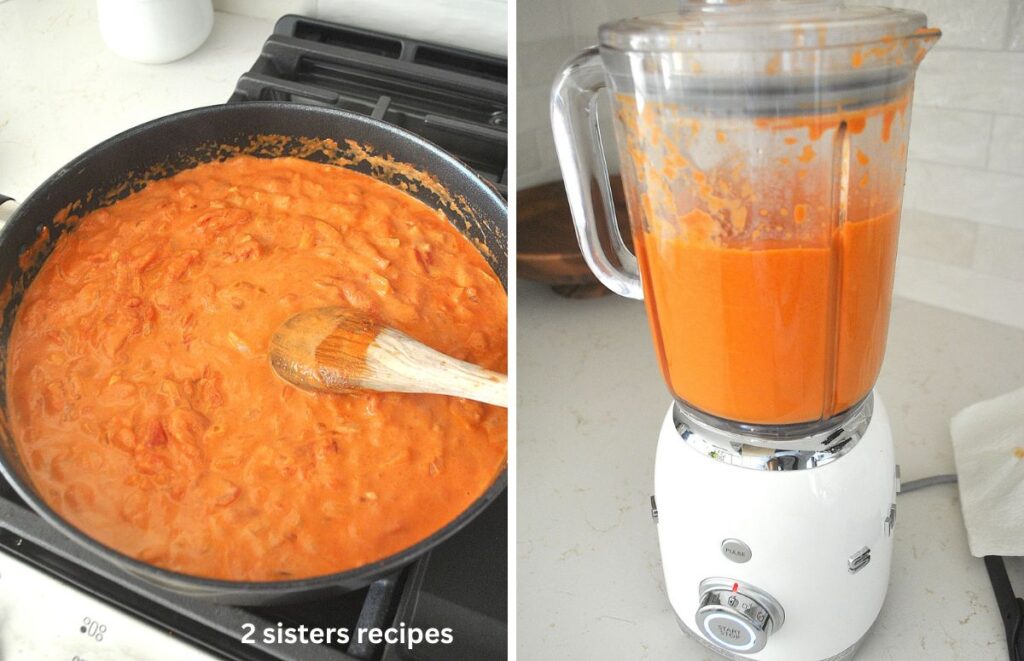 A black skillet filled with Vodka sauce, and a blender, blending to puree.