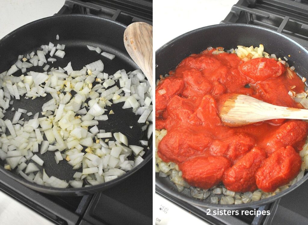 A black skillet sautéing chopped onions and then plump tomatoes tossed on top.