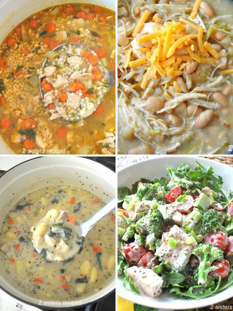 Pot filled with soup, and a green salad topped with diced chicken pieces.
