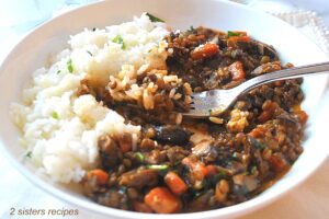 A forkful of a serving of mushroom and lentil stew with a side of white rice, served in a white plate.