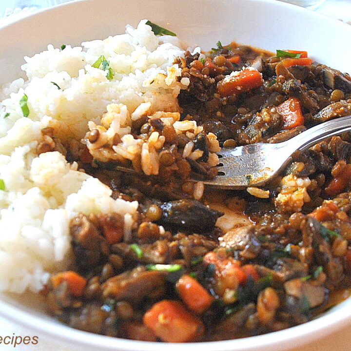 A forkful of a serving of mushroom and lentil stew with a side of white rice, served in a white plate.