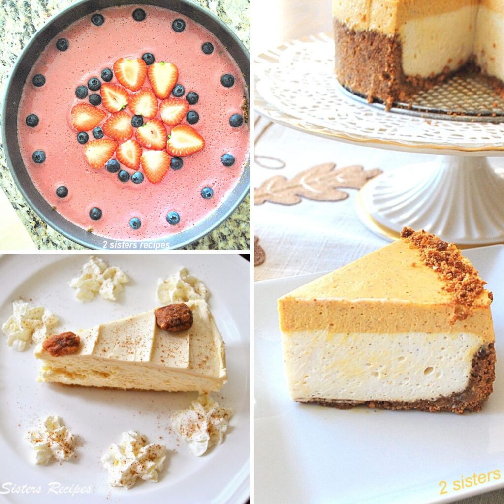 A cake pan with pink topping with fresh fruit, and sliced of cheesecake on a plate.