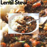A white plate with a serving of streamed rice with mushroom and lentil stew, and a forkful.