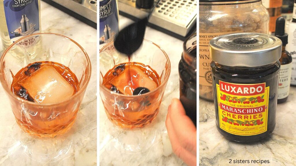 An ice cube placed in a glass, then syrup, and a jar of maraschino cherries.
