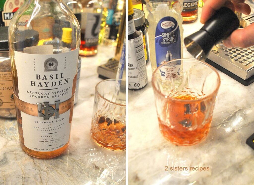 A bottle of Bourbon and a cocktail glass filled as an Old Fashioned.