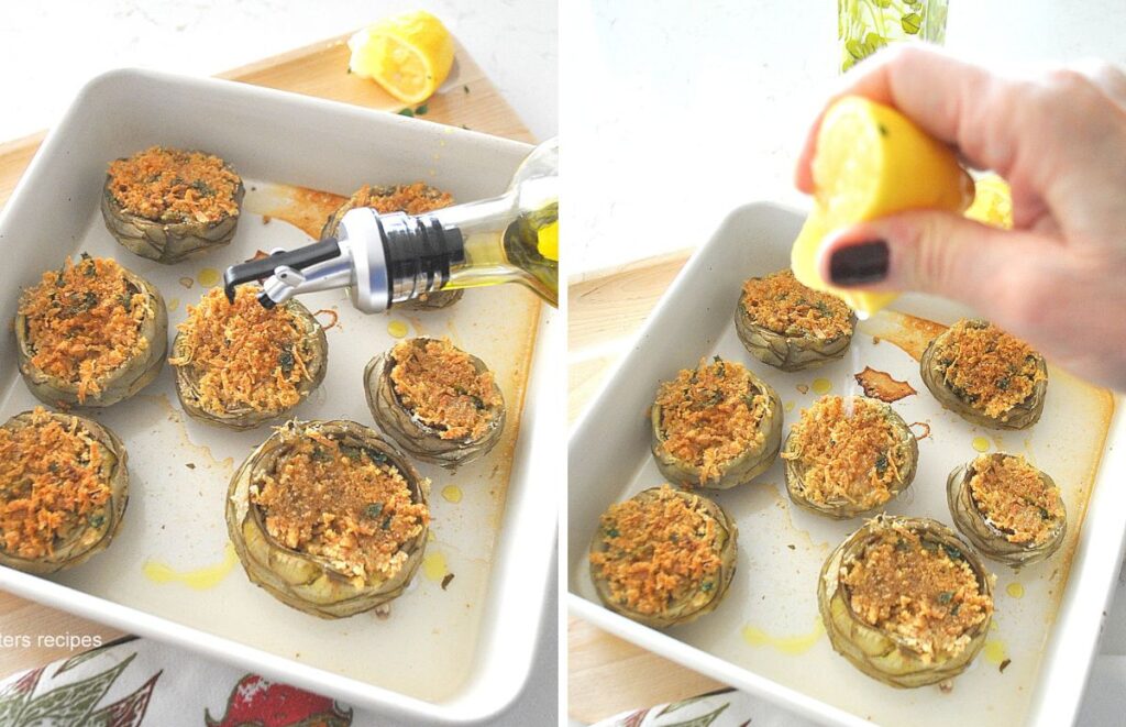 Drizzling olive oil over the baked chokes, and lemon juice squeezed over them.