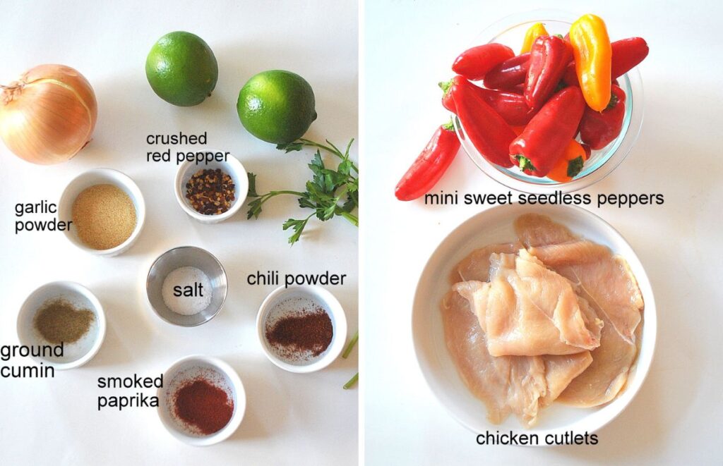 Ingredients for chicken fajitas sheet pan recipe placed on the counter.