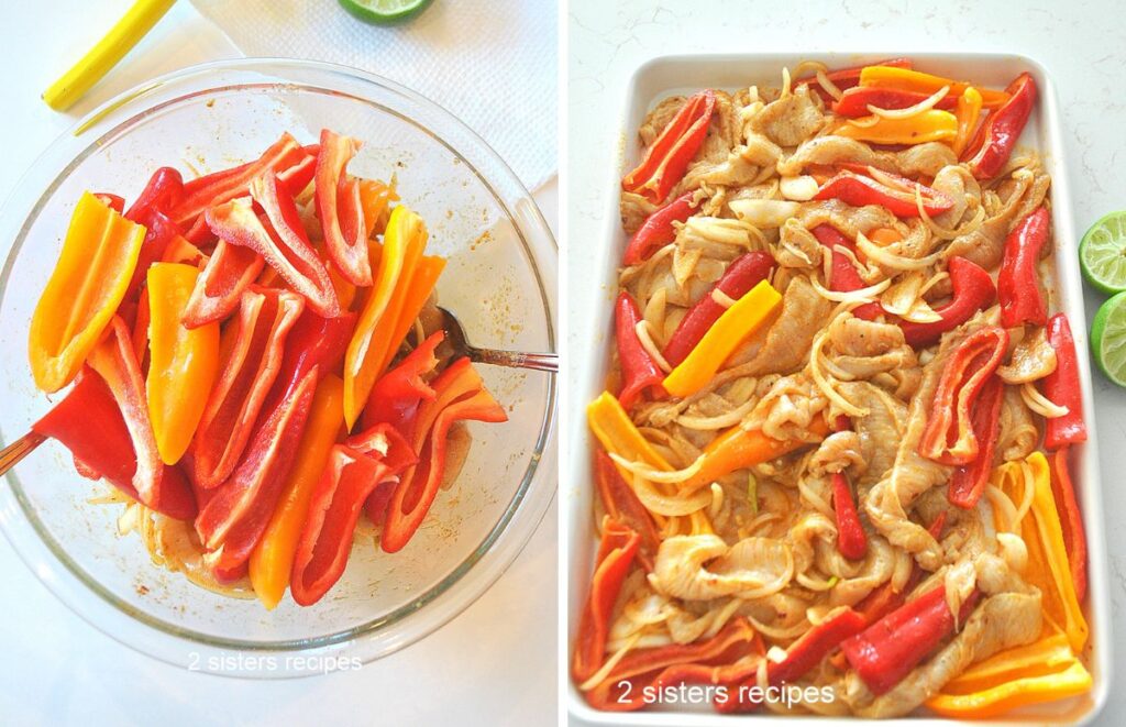 A bowl filled with sliced mini peppers, and a sheet pan filled with the chicken and peppers mixture.