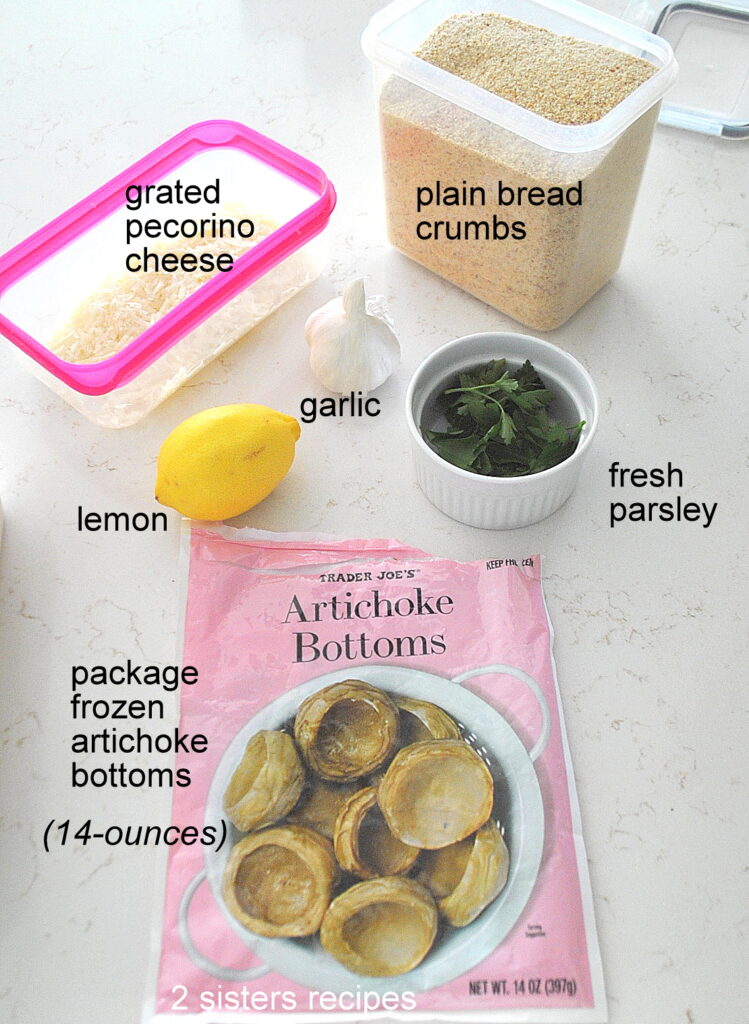 Ingredients for stuffing these frozen artichoke bottoms on the counter.