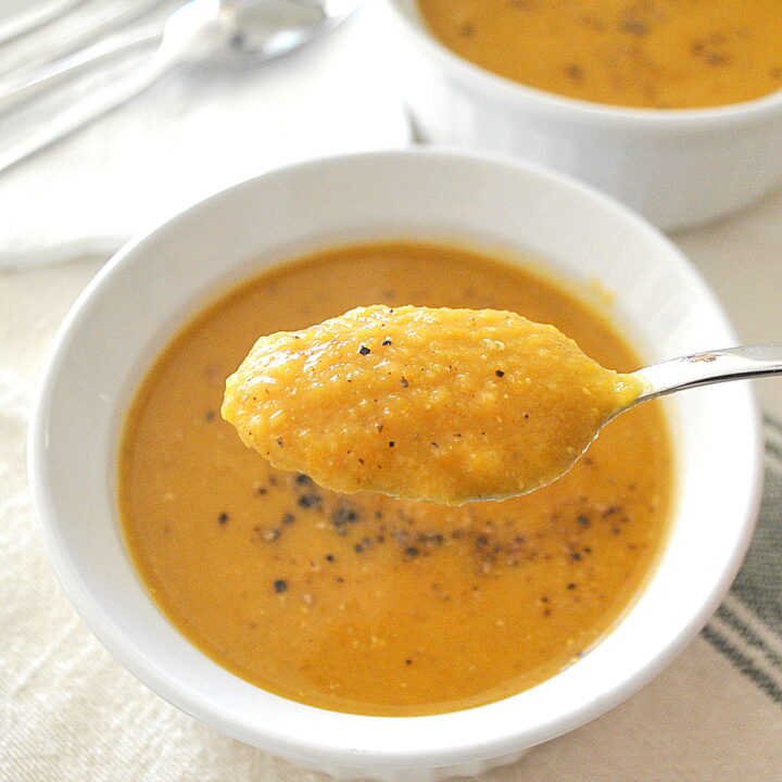 A spoonful of pureed butternut and red lentil soup.