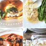 A cod fish sandwich with a bite into it, and cream sauce poured of a cod filet, and tomato sauce with cod.