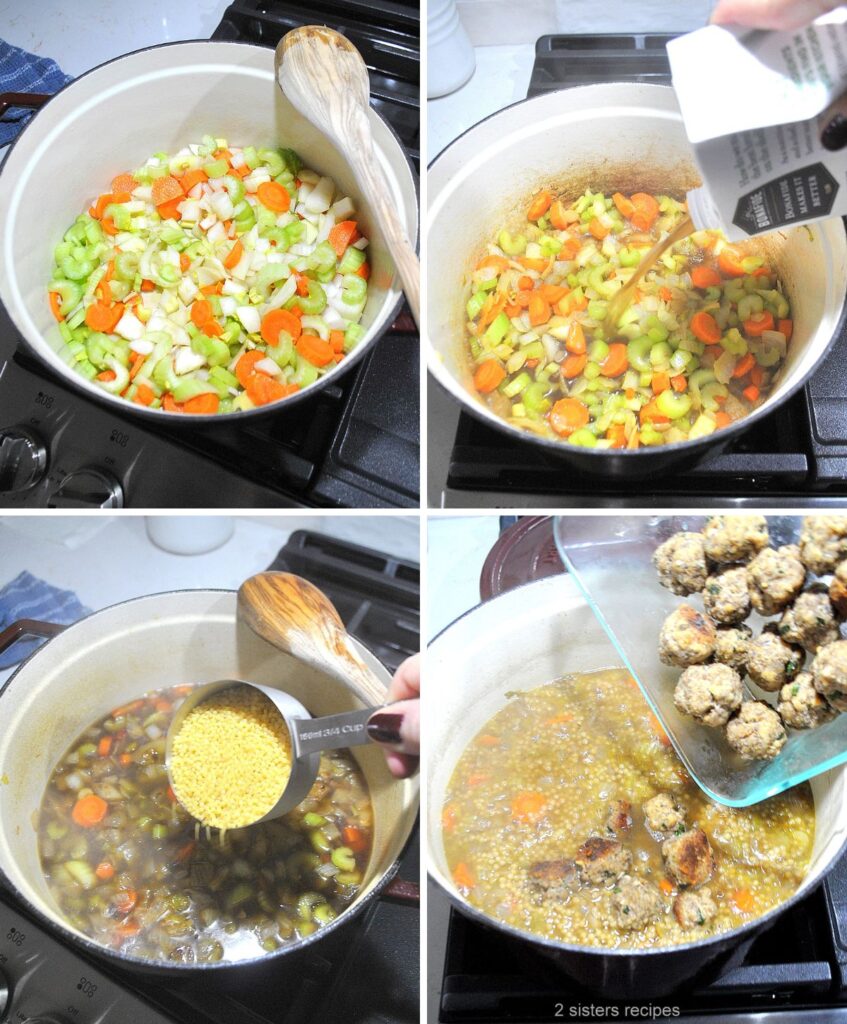 A Dutch oven with veggies, broth, meatballs, pastina.