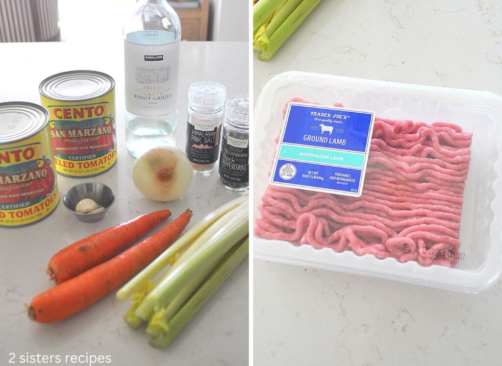 2 cans of tomatoes, fresh carrots, celery along with an onion, a bottle of Vodka and salt and pepper on the counter.