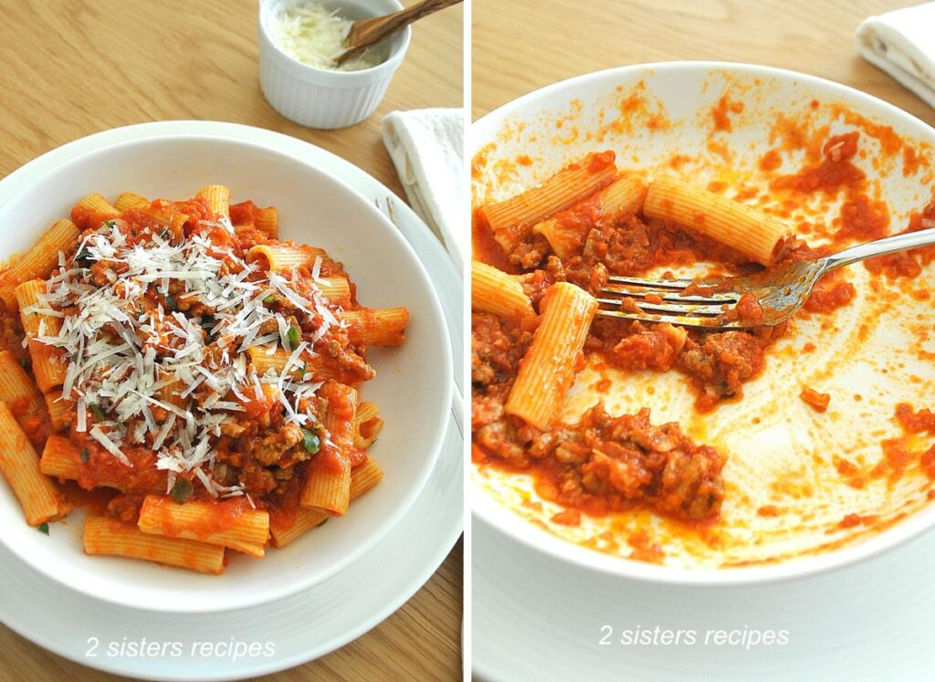A plate filled with rigatoni pasta and lamb Bolognese sauce.  And second plate with a fork, and a few pasta left in the dish. 