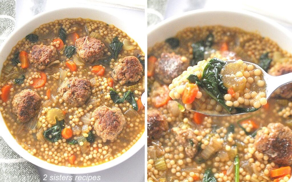A bowl of meatball soup with Italian pastina and veggies.