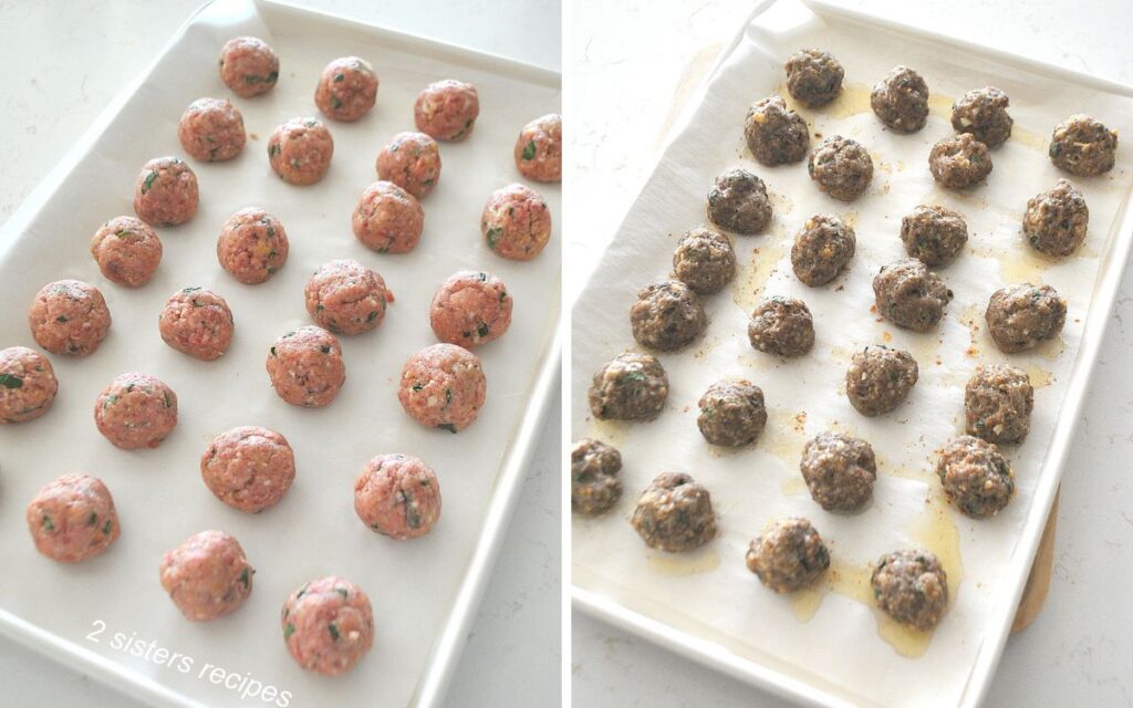 A sheet pan with raw meatballs, and then baked meatballs.