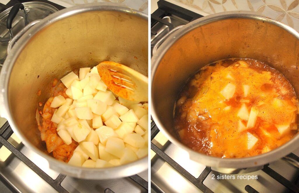 A large soup pot filled with chopped potatoes, and then  with liquid.