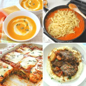 A bowl of autumn soup, and skillet with Vodka sauce and pasta, and lasagna and beef ribs over mashed potatoes.