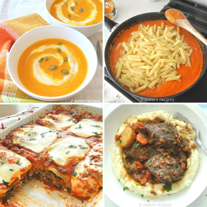 A bowl of autumn soup, and skillet with Vodka sauce and pasta, and lasagna and beef ribs over mashed potatoes.