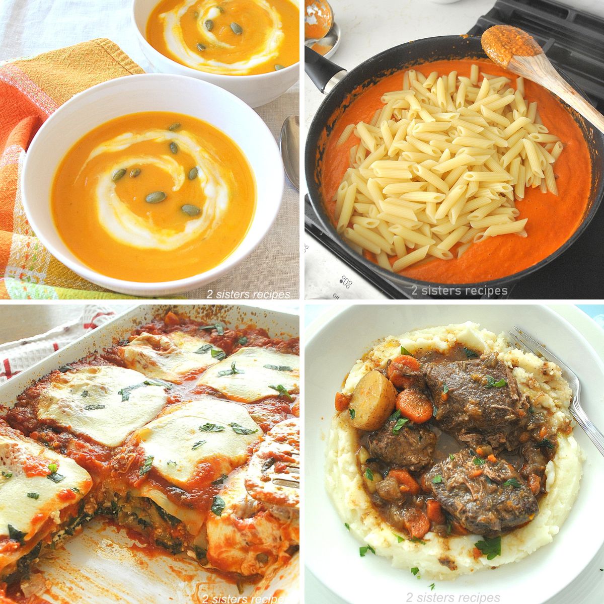 A bowl of autumn soup, and skillet with Vodka sauce and pasta, and lasagna and beef ribs over mashed potatoes.