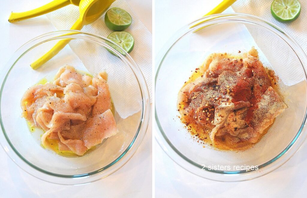 A glass bowl filled with strips of raw chicken and seasonings, spices and marinade.