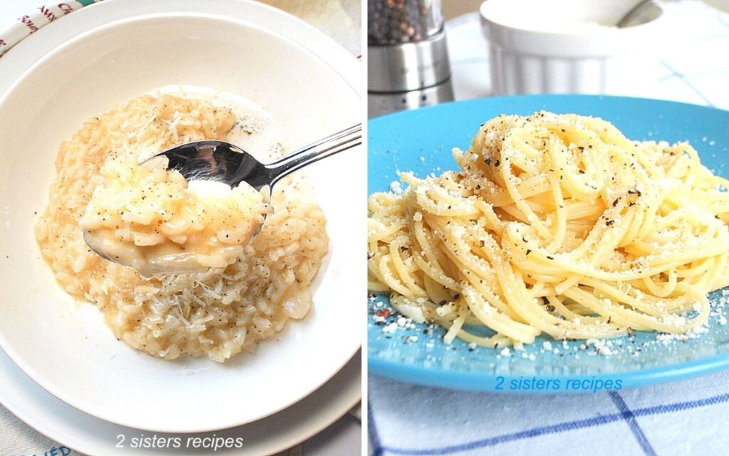 A white plate filled with white rice, and a blue plate filled with spaghetti with cream sauce.