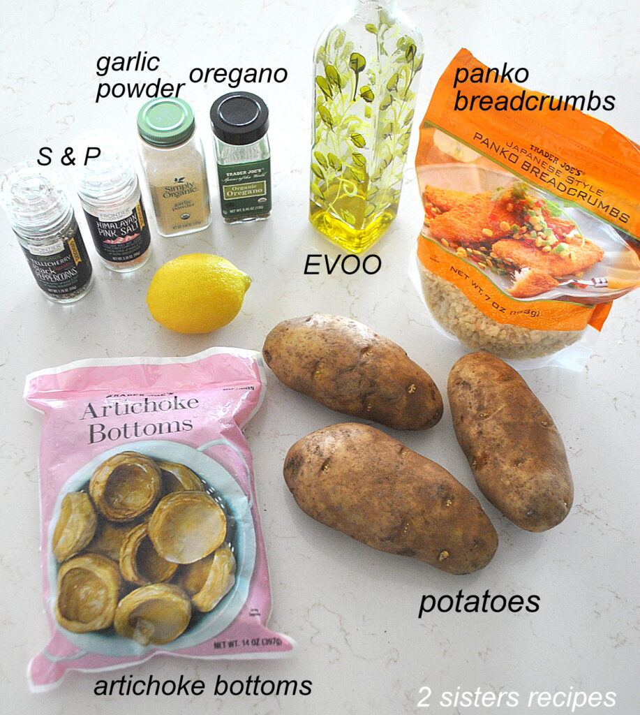 All the ingredients, potatoes, bag of frozen artichoke bottoms and spices laid on the counter.