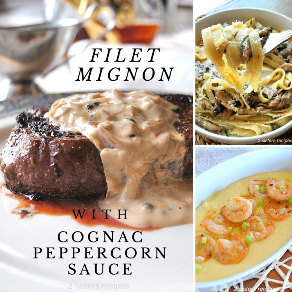 A serving of a filet mignon with cream sauce, a forkful of noodles, and shrimp over polenta.