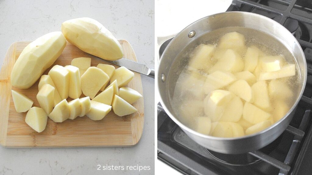Sliced potatoes on a cutting board, and then boiling them in a pot on the stove.