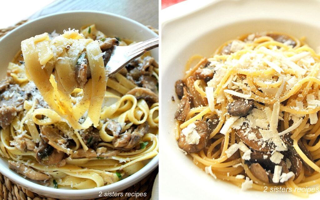 Two plates filled with pasta and wild mushrooms with grated cheese on top. 