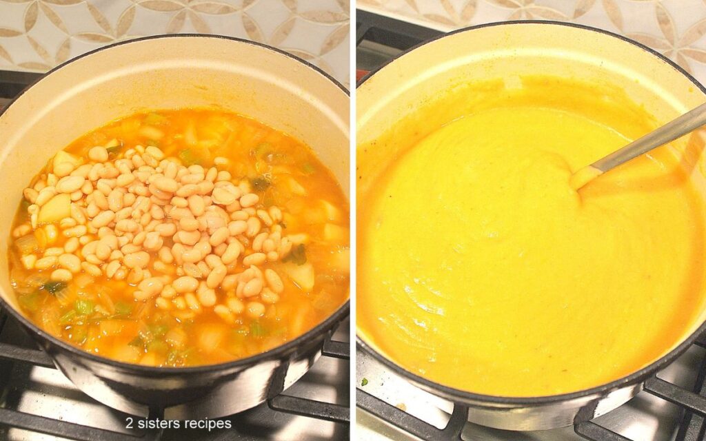 A Dutch oven pot filled with soup, and white beans added, then it's all pureed. 
