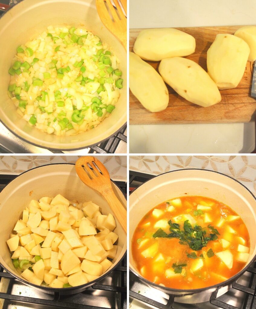 A Dutch oven with chopped onions and celery, a board with 4 peeled potatoes, and then chopped and tossed into the pot, with broth and parsley.