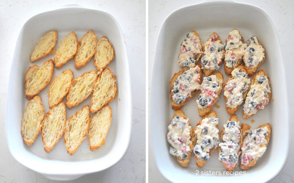 A baking dish filled with croissants slice in halves and then filled with a berry cream cheese filling.