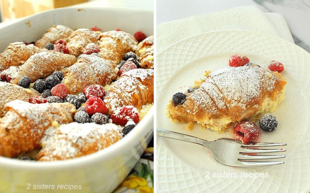 A casserole filled with baked croissants, custard and berries. 