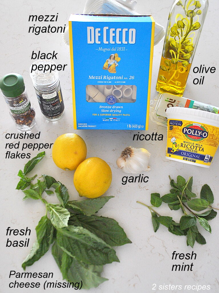 All the ingredients for this lemon ricotta pasta recipe is placed on the counter.