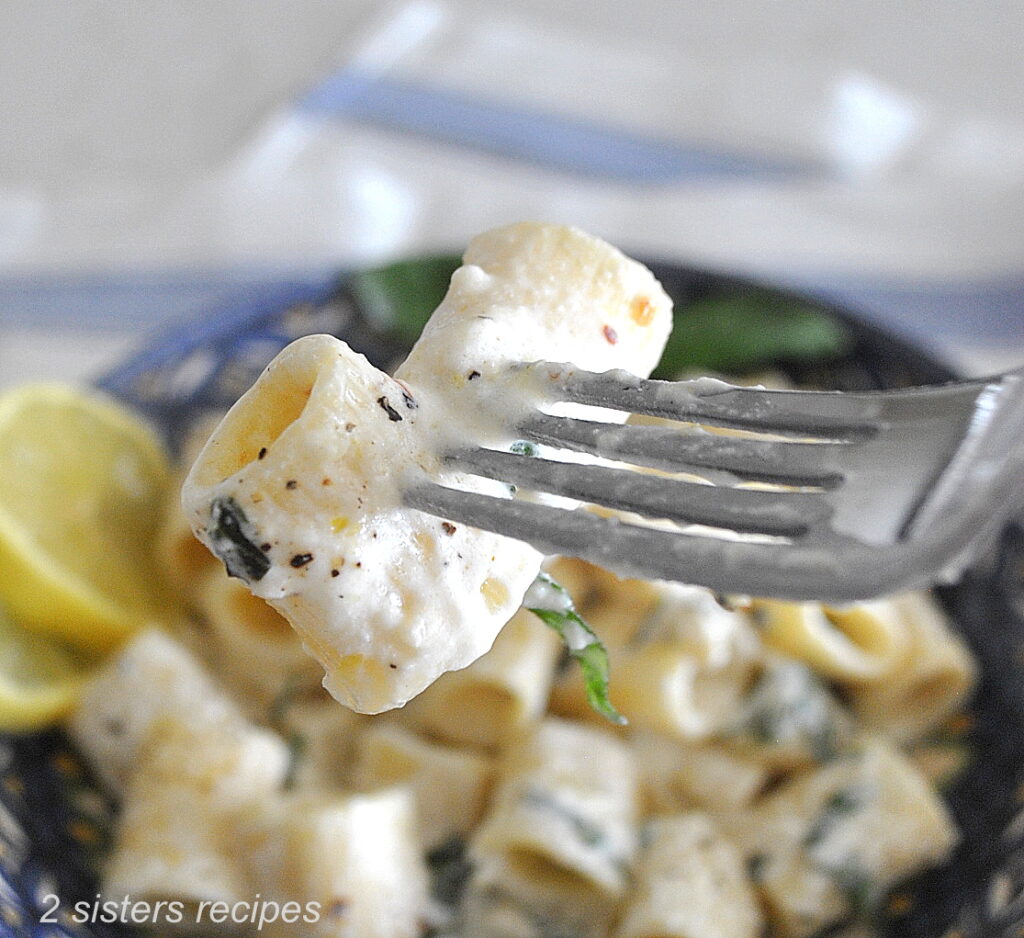 A forkful of short rigatoni pasta with cream sauce.