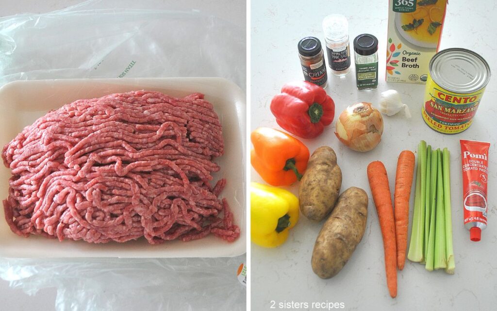 A package of raw Ground beef , and fresh veggies, box of broth, and can of tomatoes on the counter.