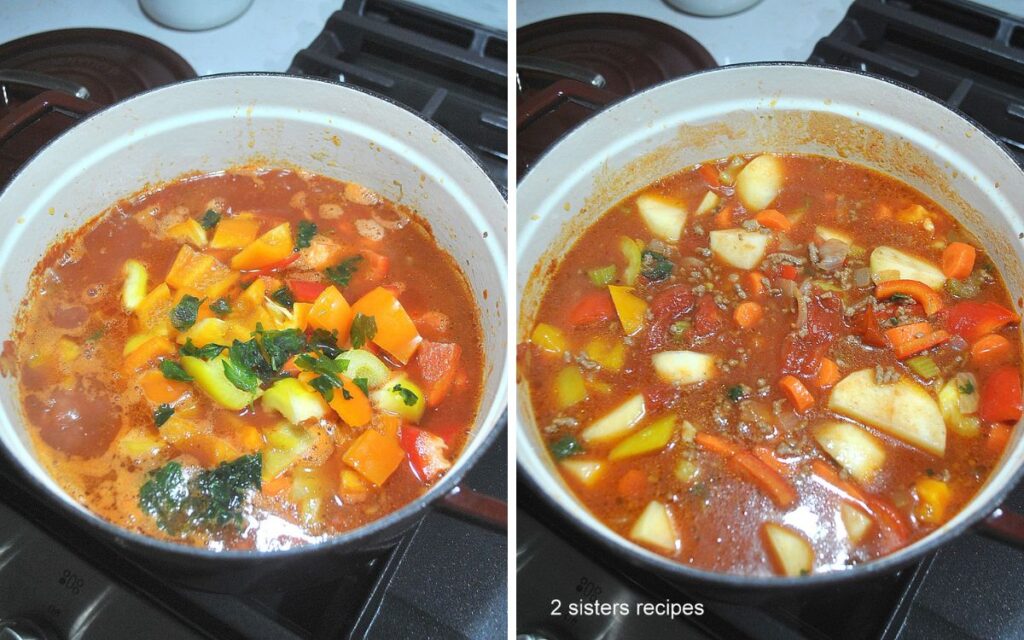 A Dutch oven filled with hamburger and veggies soup.