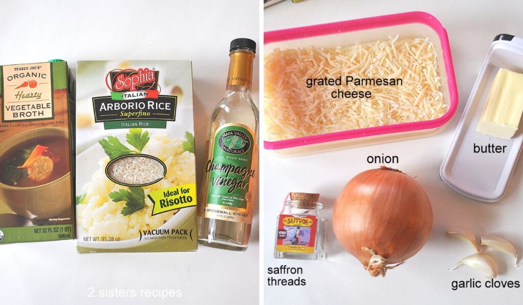 Ingredients for this recipe, are laid on the counter. one onion, garlic cloves, a small jar of saffron threads.