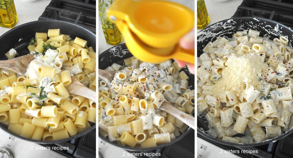 A large skillet filled with pasta, ricotta cheese, lemon juice and grated parmesan cheese.