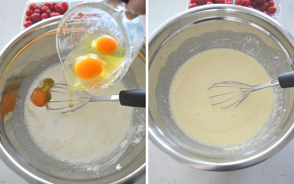 A silver mixing bowl, whisking eggs into it. 