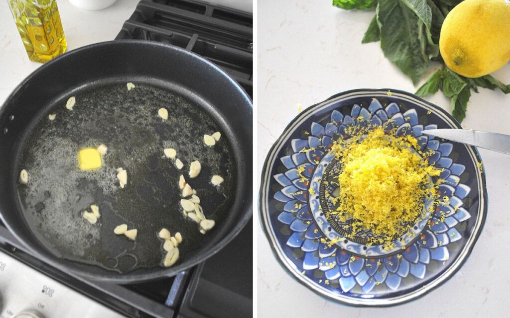 A black skillet with garlic , butter and olive oil.  And zest of lemons on a blue plate.