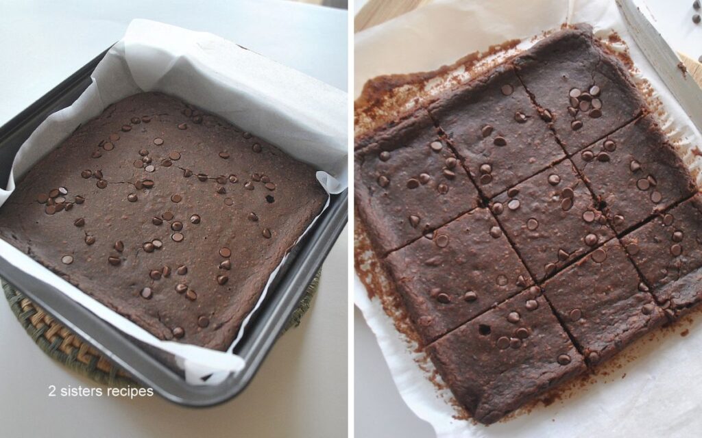 A baking pan filled with fully baked fudgy brownies.