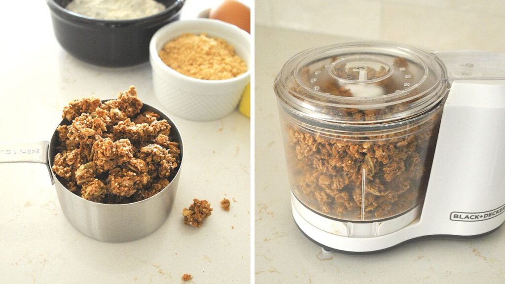 A measuring cup with granola, and a mini food processor filled with granola.